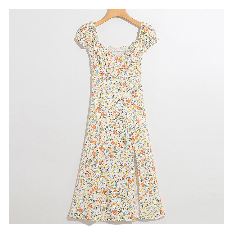 Wind garden small broken flower decoration low breast long dress  7030