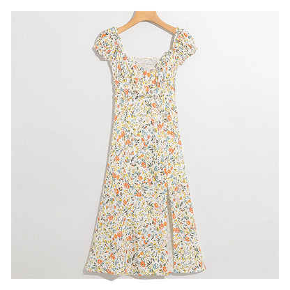 Wind garden small broken flower decoration low breast long dress  7030