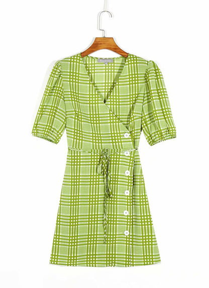 Waist lace up tea break skirt breasted lady dress  7074