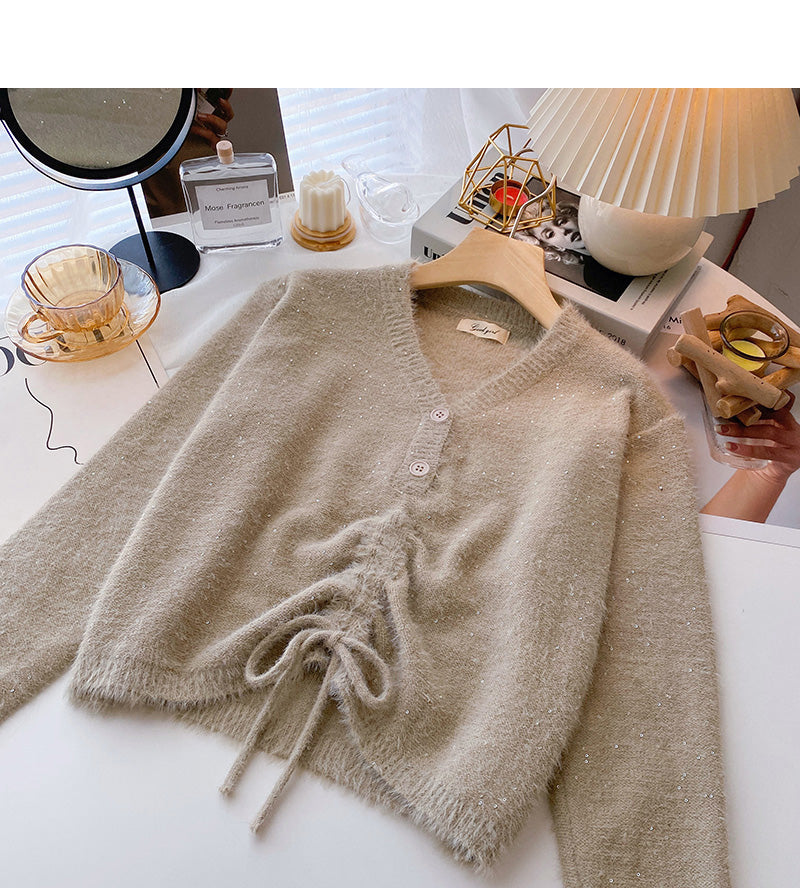 Korean fashionable temperament drawstring slim long sleeve top  6056