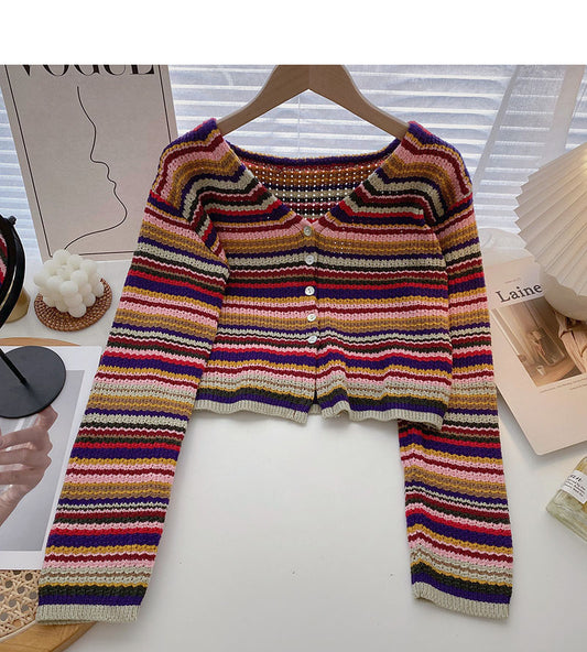Bunt gestreifter Pullover süßes kurzes Top mit V-Ausschnitt und hoher Taille 6521