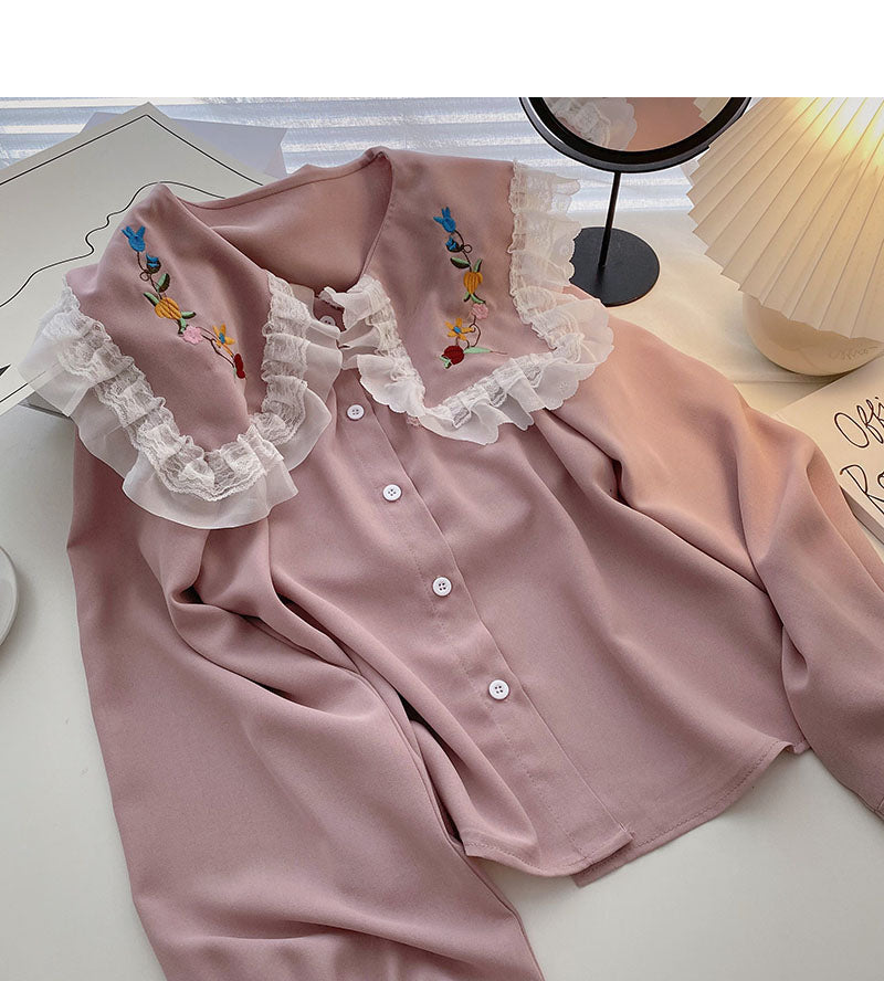 Korean girls' sense of foreign style lace doll neck top  6265