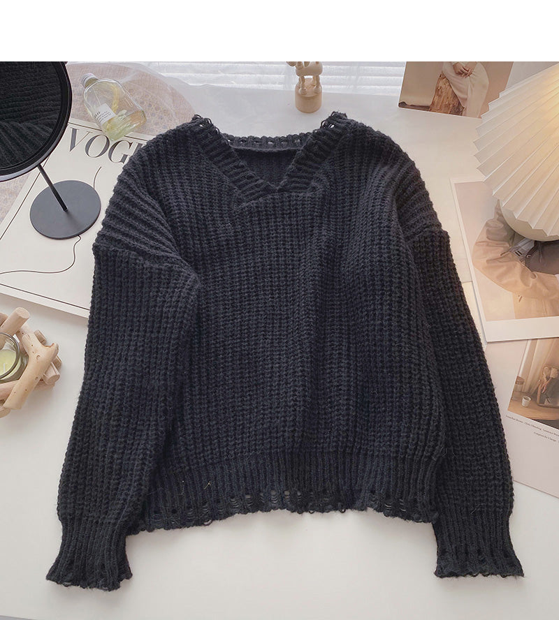 Hollow out knitted sweater casual solid color long sleeve top  6131