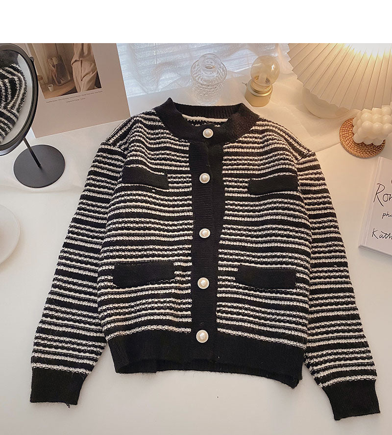 Design sense Vintage pearl button stripe long sleeve slim loose top  5873
