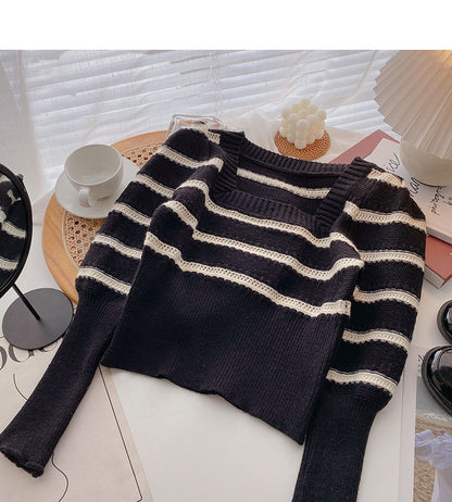 Square neck short lantern long sleeve slim top  6473
