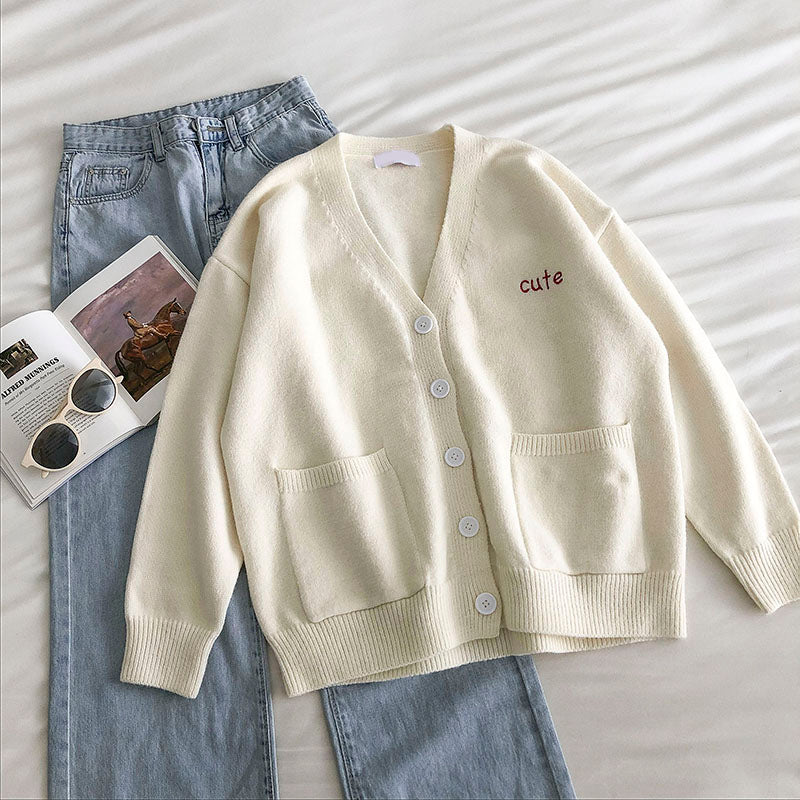 Letter loose long sleeve V-neck double pocket T-shirt  5838