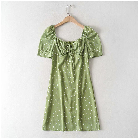 Robe moulante rétro à manches bouffantes et petit nœud frais 7100