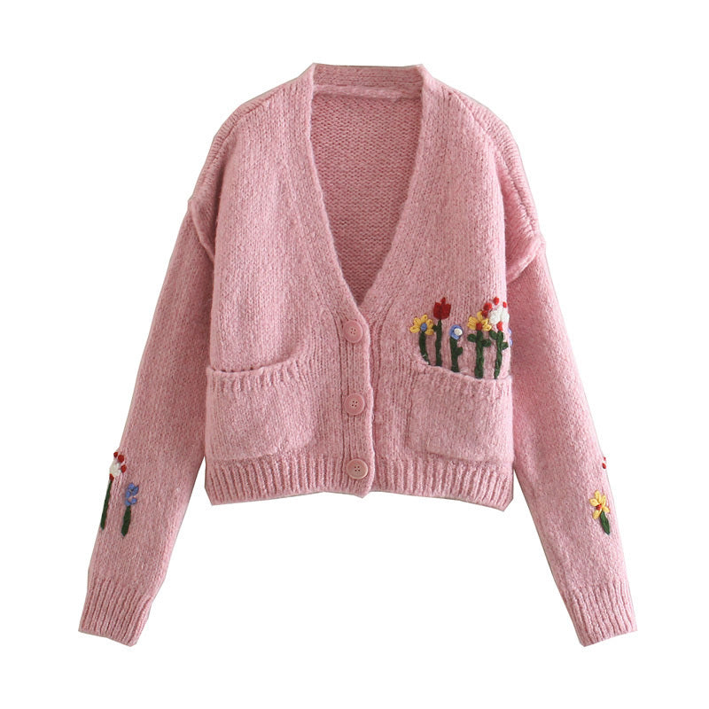 French Sweet V-Neck Langarm Blumen Jacquard Pullover Strickmantel 7355
