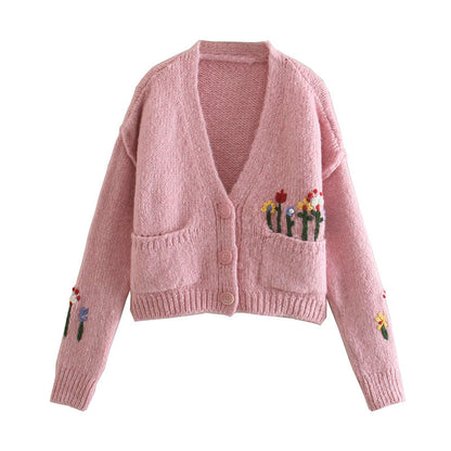 French Sweet V-Neck Langarm Blumen Jacquard Pullover Strickmantel 7355