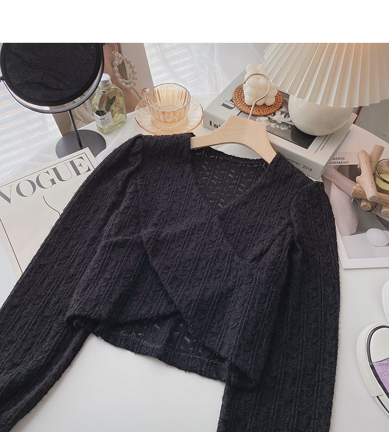 New Korean cross style short V-Neck long sleeve top  6346