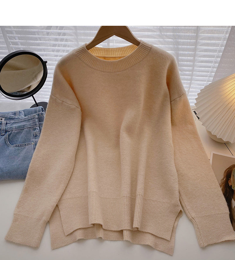 The new Korean style is simple, casual, loose, split long sleeved top  5949
