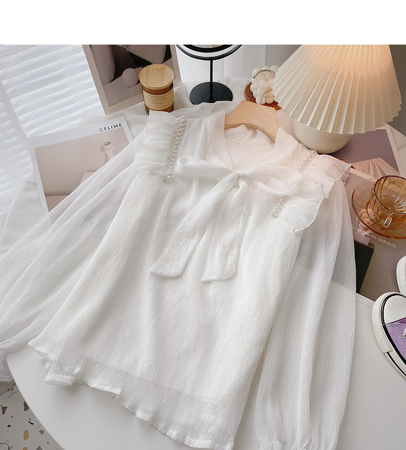 New Korean version nail bead Ruffle slim long sleeve top  6428