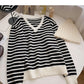 Vintage V-neck striped long sleeve top with knitted cold hat  6029