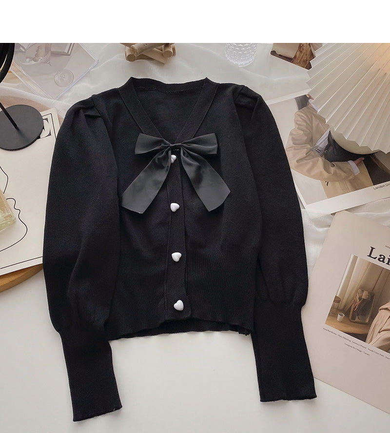 Vintage bow V-Neck Sweater slim long sleeve top  6688