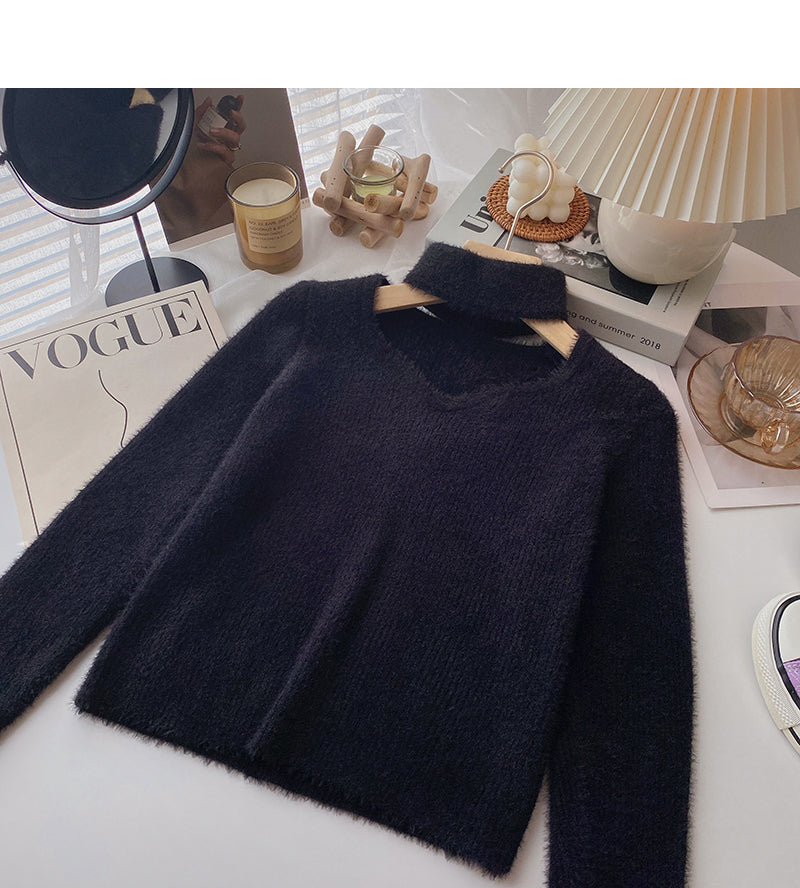 Imitation mink pure color sweater hollow neck top  6061
