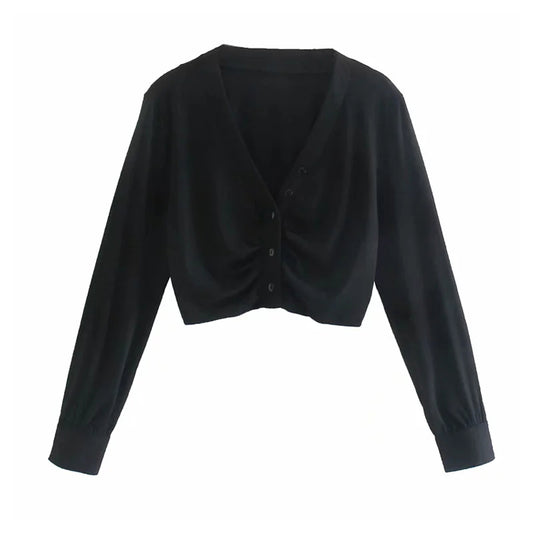 Haut cardigan en tricot court à manches longues et col en V avec boutonnage plissé 7401