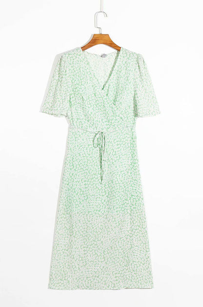 Einteiliger Wickelrock mit V-Ausschnitt und floralen Luftblasenärmeln zum Schnüren der Taille Damen 7069