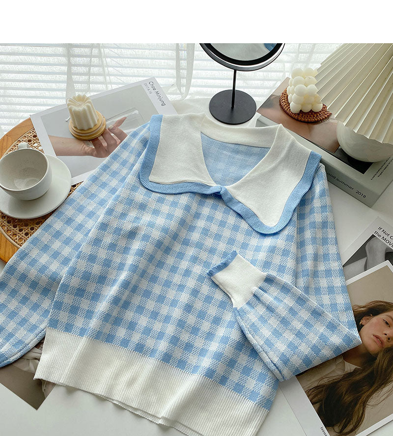 Alternder süßer kontrastkarierter Puppenkragen-Pullover Top 6678
