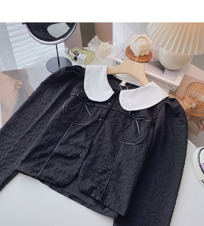 The new Korean doll collar contrast color bandage design feels thin top  6397