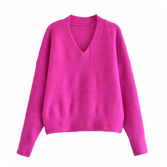 Vielseitiges, weiches Strick-Langarmshirt mit V-Ausschnitt, Rippstrick 7166