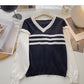 Striped V-neck color blocking long sleeve T-shirt  6488