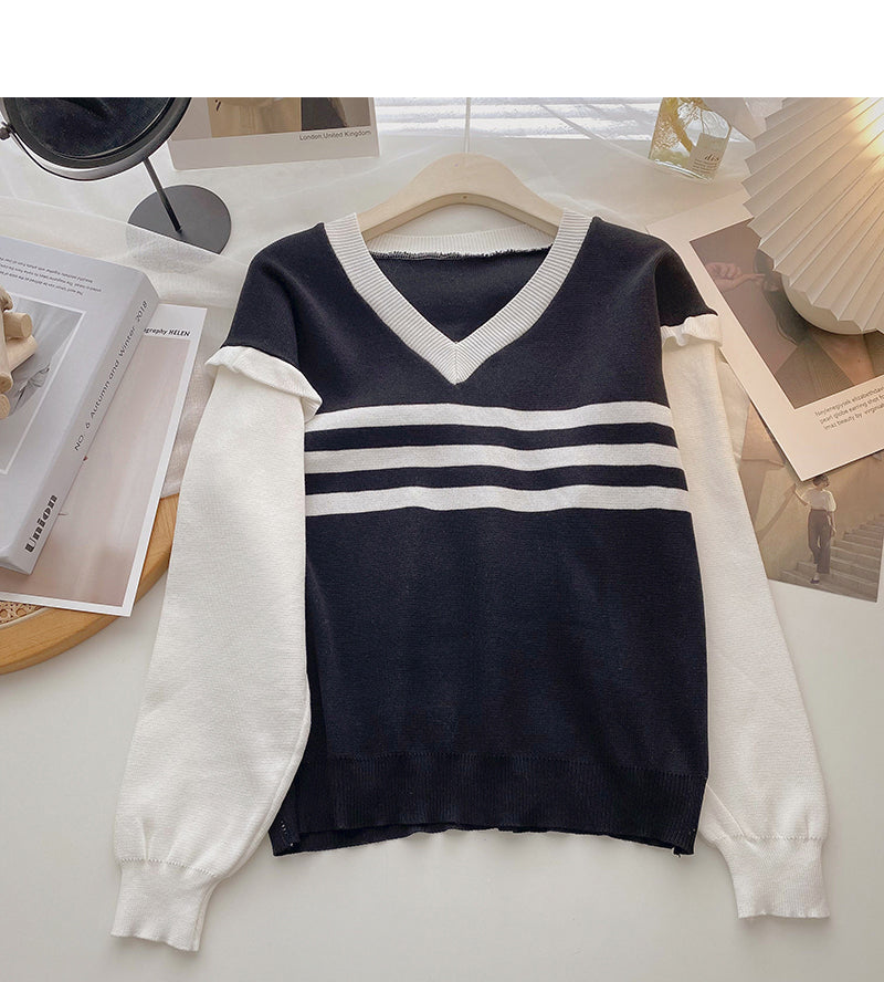 Striped V-neck color blocking long sleeve T-shirt  6488