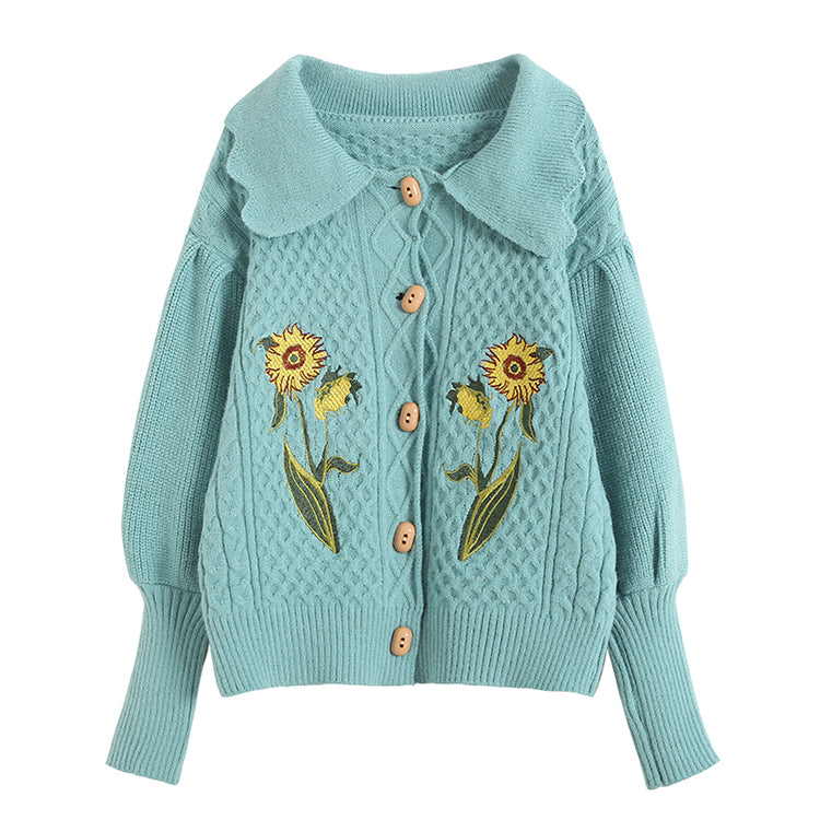 Vintage-Strickjacke mit Sonnenblumenstickerei 7518