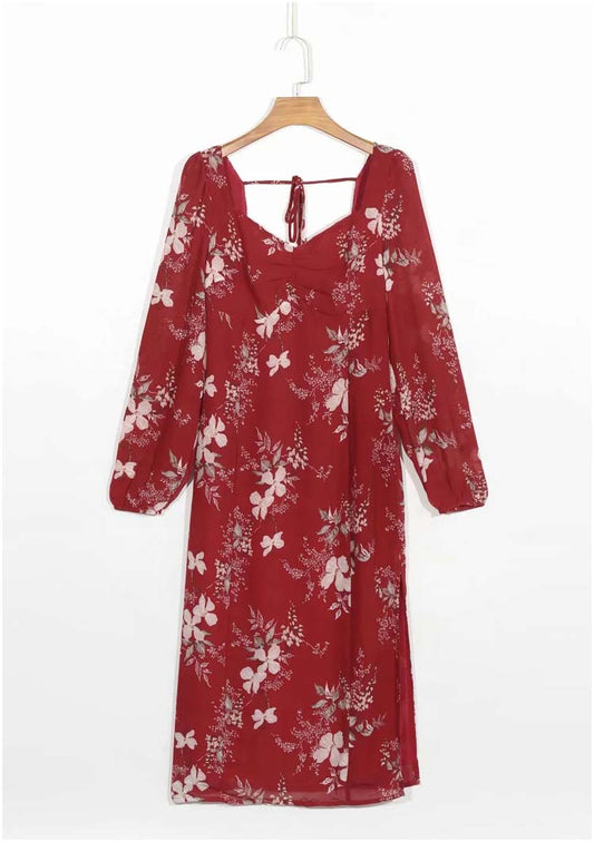 Robe imprimée à manches longues, col carré, fermeture à la taille, fente latérale au genou, 7127