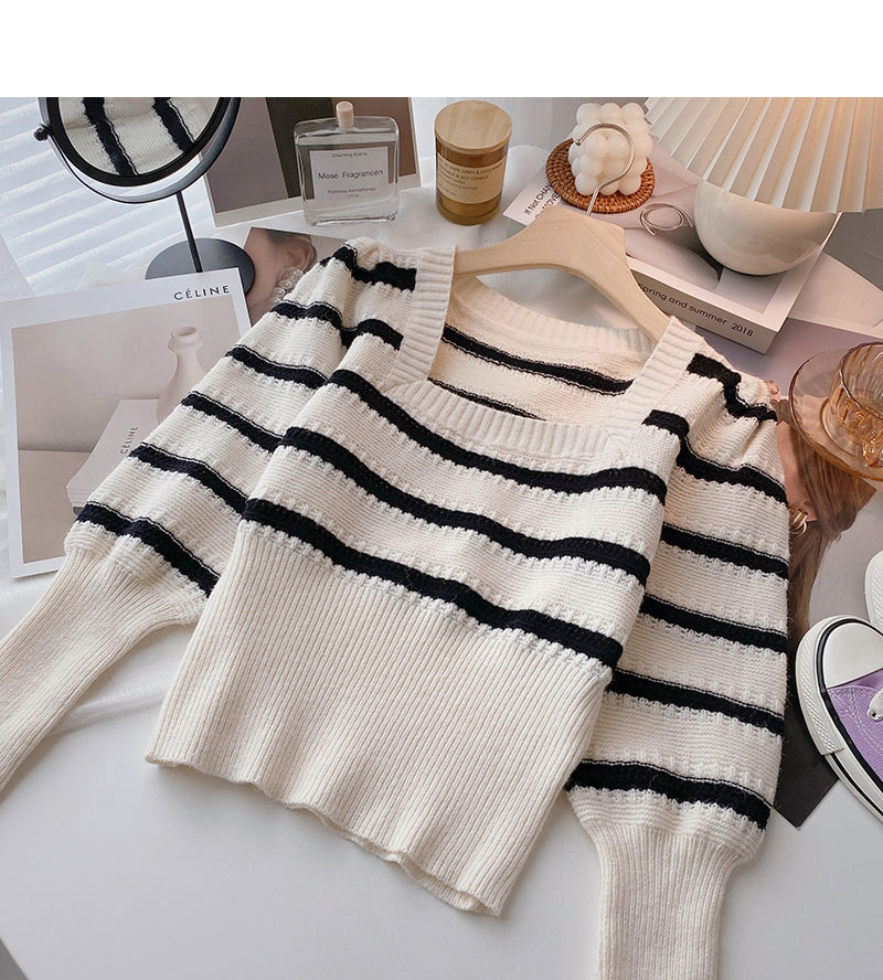 Striped Vintage square neck T-shirt short temperament top  6548