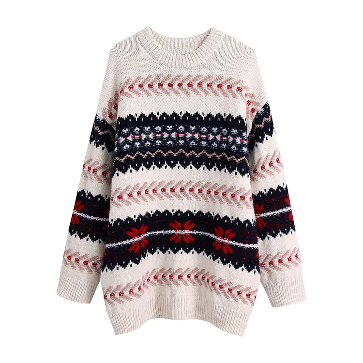 Pull vintage en maille jacquard lâche et décontractée 7490