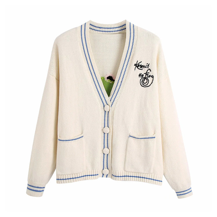 V-neck loose embroidered sweater cardigan jacket  7262