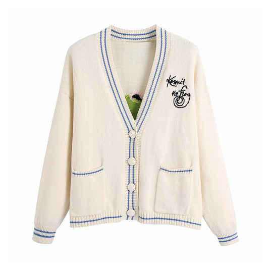 V-neck loose embroidered sweater cardigan jacket  7262