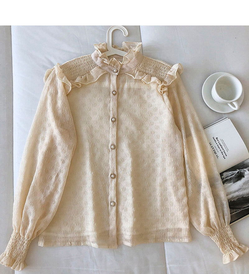 Round neck single breasted chiffon blouse with fungus edge  6258