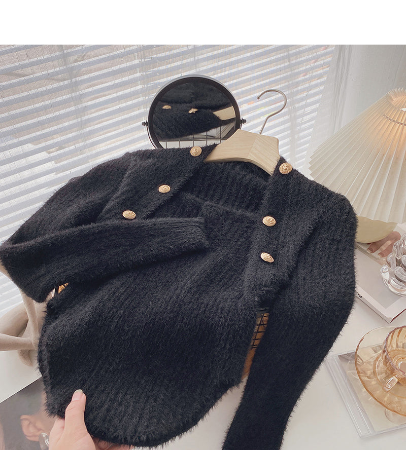 Wollpullover, Slim Fit, kurzes Oberteil mit eckigem Ausschnitt, zweireihig geknöpft 6603