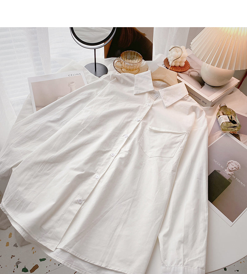 Solid long sleeve shirt versatile simple Lapel cardigan top  6417