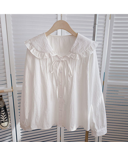 Chemise à manches longues avec cordon de serrage de couleur unie et col de poupée, cardigan 6347