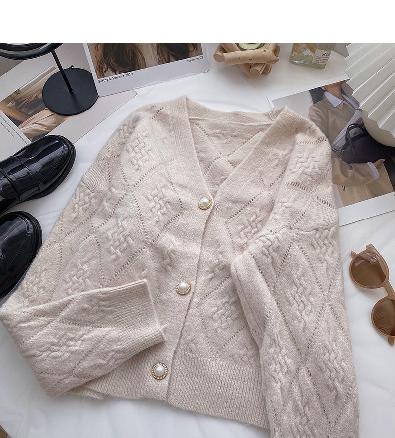 French retro pearl button V-Neck long sleeve top  6125