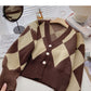 Fashion retro color blocking Plaid long sleeve loose cardigan  6007