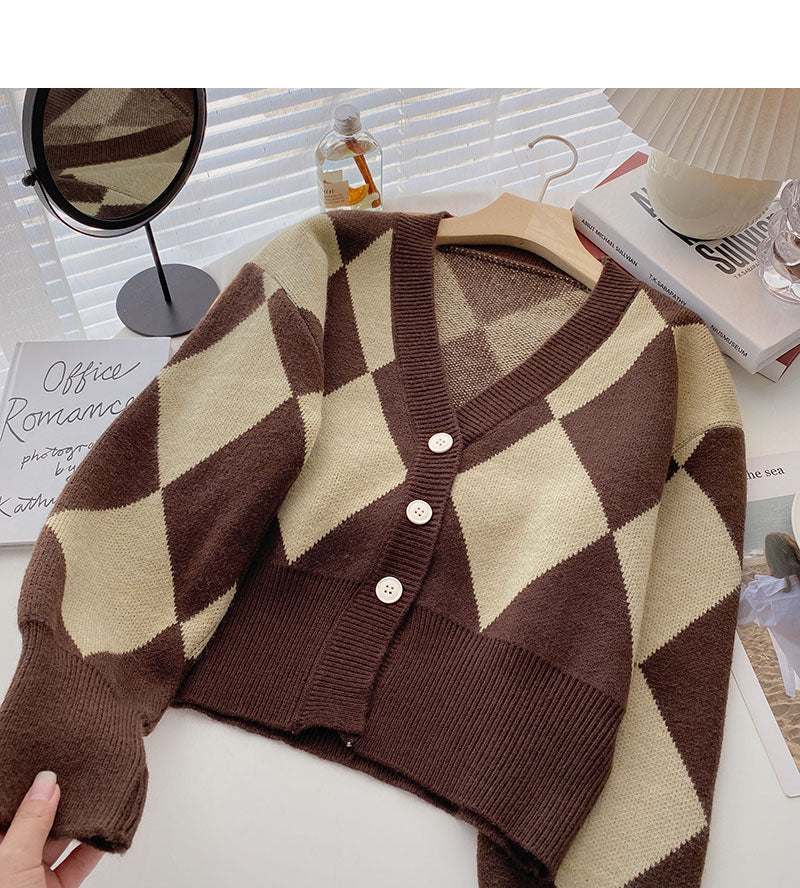 Fashion retro color blocking Plaid long sleeve loose cardigan  6007