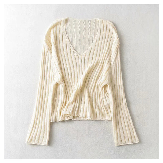 Pull ample en lin à col en V, doux et polyvalent 7397