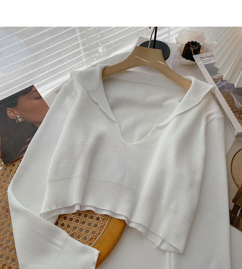 Navy collar temperament solid color sweater women  6133