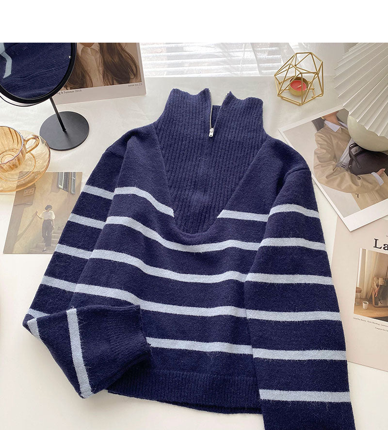 New Korean Lapel Half Zip stripe contrast stitching long sleeve top  6118