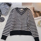 Streifenfarbe Kontrast V-Ausschnitt Pullover Langarm Temperament Pullover 6000