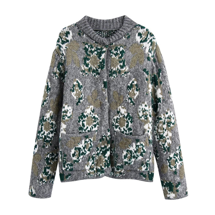 Nouveau pull cardigan tricoté en jacquard fleuri vintage 7495