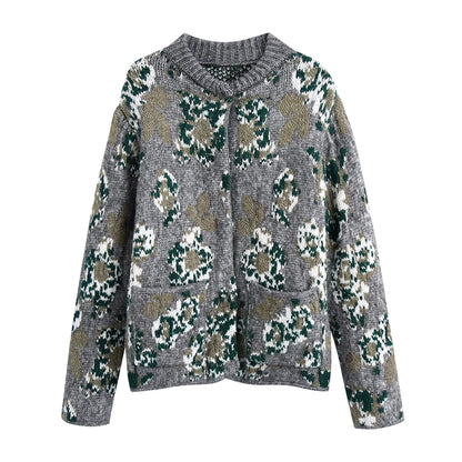 Nouveau pull cardigan tricoté en jacquard fleuri vintage 7495