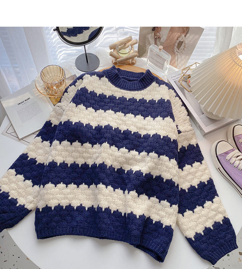 Lazy Wind Stripe Color Matching Pullover ist retro und einfach 5992