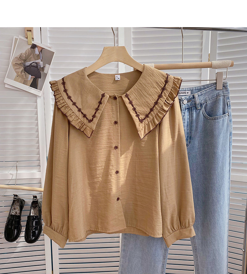 Korean version of thin Hong Kong style retro art doll collar single breasted top  6402