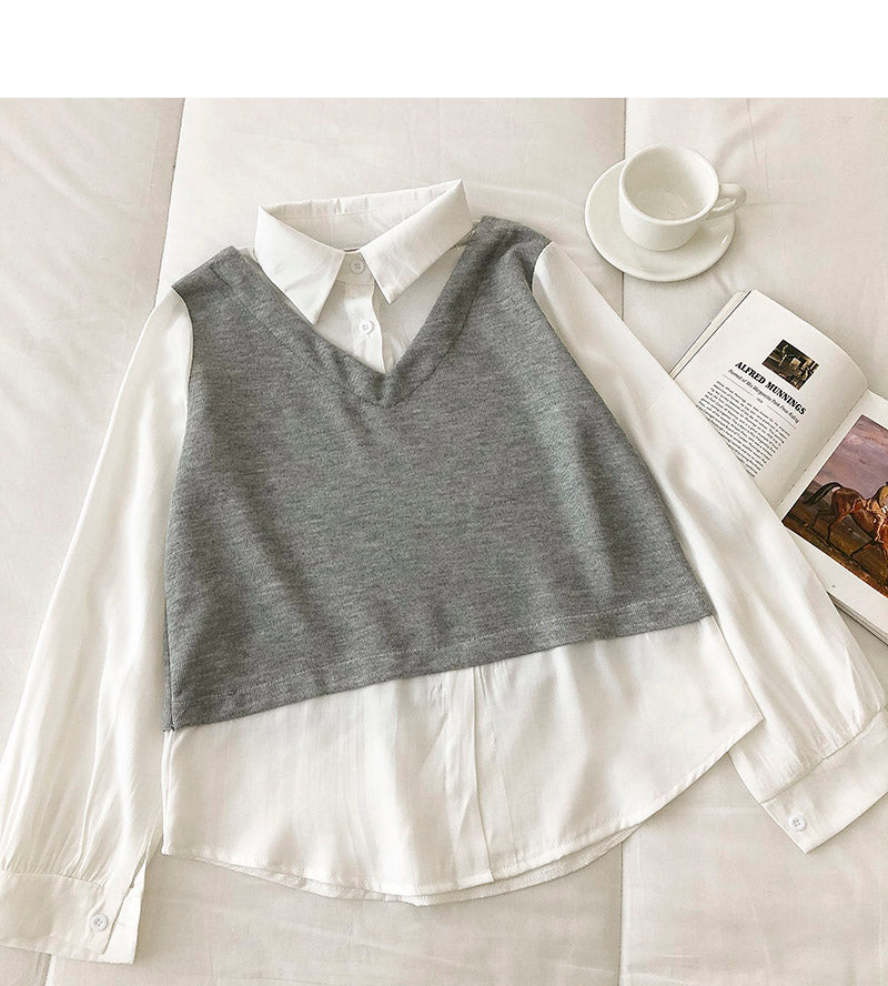 Design sense stitching fake two thin sweaters  6450