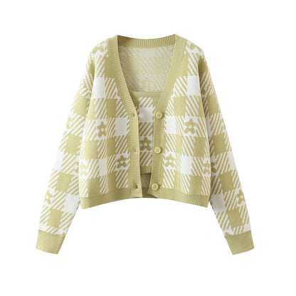 Lockerer Cardigan mit V-Ausschnitt + gestrickter Trageriemen, zweiteiliges Set 7470