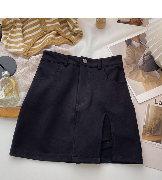 Design: slit wrap hip thin high waist black A-line skirt  5565